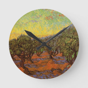 Olivenhain, orangener Himmel von Vincent van Gogh Runde Wanduhr