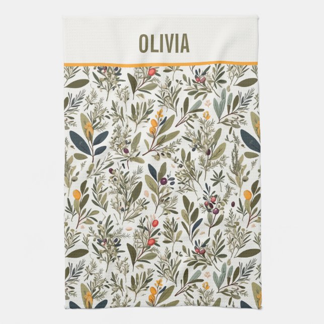Olivenöl und Kräuter Minimal Elegante Personalisie Geschirrtuch (Vertikal)