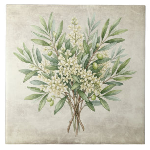 Olivenstrauß Mittelmeer Aquarelle Rustikal Fliese