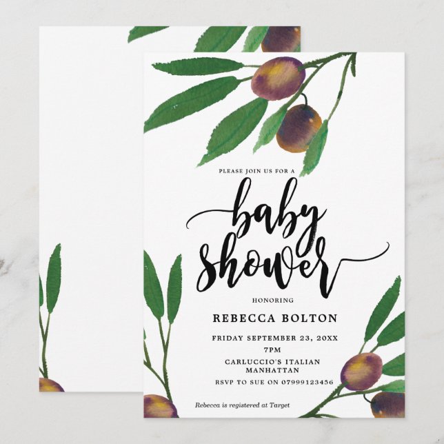 Oliventlaupe, moderne Babydusche Einladung (Vorne/Hinten)