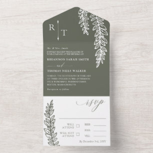 Olivenweiße Grüne Hochzeit mit Monogramm All In One Einladung