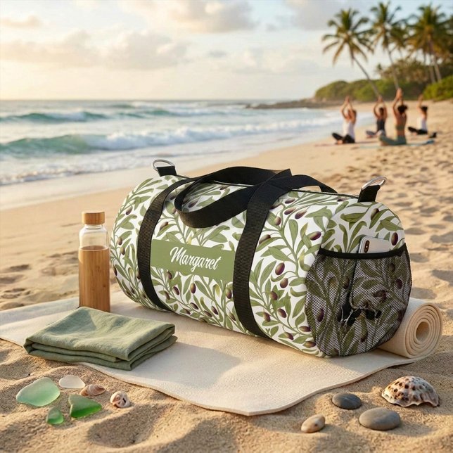 Olivenzweig Name Monogramm Salbeigrün Duffle Bag (Olive Branch Name Monogram Sage Green Duffle Bag)