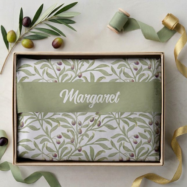 Olivenzweig Name Monogramm Salbeigrün Seidenpapier (Olive Branch Name Monogram Sage Green Tissue Paper)