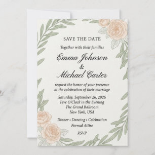 Olivenzweig und Pfirsichrose Aquarell-Hochzeit Einladung