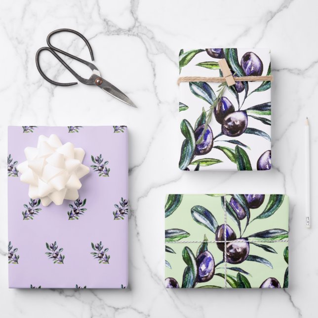 Olivenzweig-Wasserfarbmuster  Geschenkpapier Set (Vorderseite)