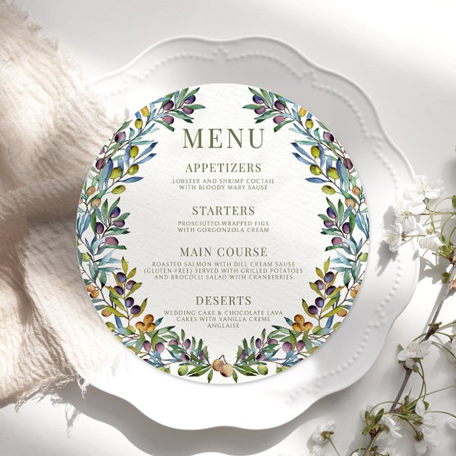 Olivenzweige Italienische Boho Round Menu Card Pla Menükarte (Von Creator hochgeladen)