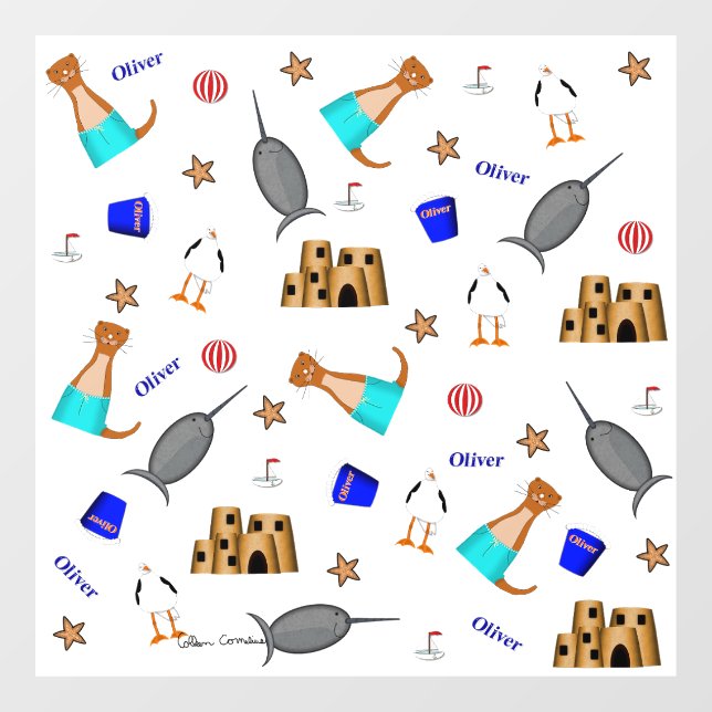 Oliver The Otter Summer Beach Vacation Pattern Fensteraufkleber (Blatt)