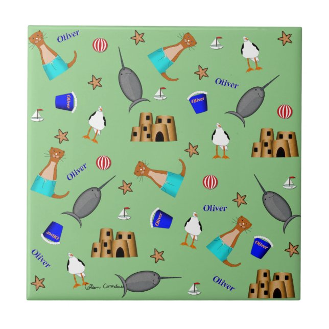 Oliver The Otter Summer Beach Vacation Pattern Fliese (Vorderseite)