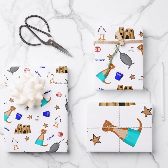 Oliver The Otter Summer Beach Vacation Pattern Geschenkpapier Set (Vorderseite)
