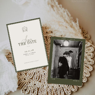 Olivesgrüne Vintage-Old-Money-Hochzeitsfoto Save The Date