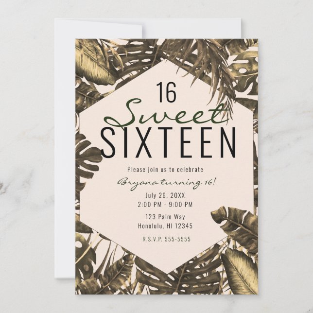 Olivgrün & Creme Tropical Palm Blätter Süß 16 Einladung (Vorderseite)