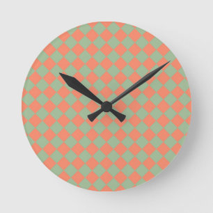 Olivgrün Lachsrosa Karo Diamantmuster Runde Wanduhr