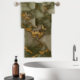 Olivgrün Marmor Gold Imitate Foil Badhandtuch Set