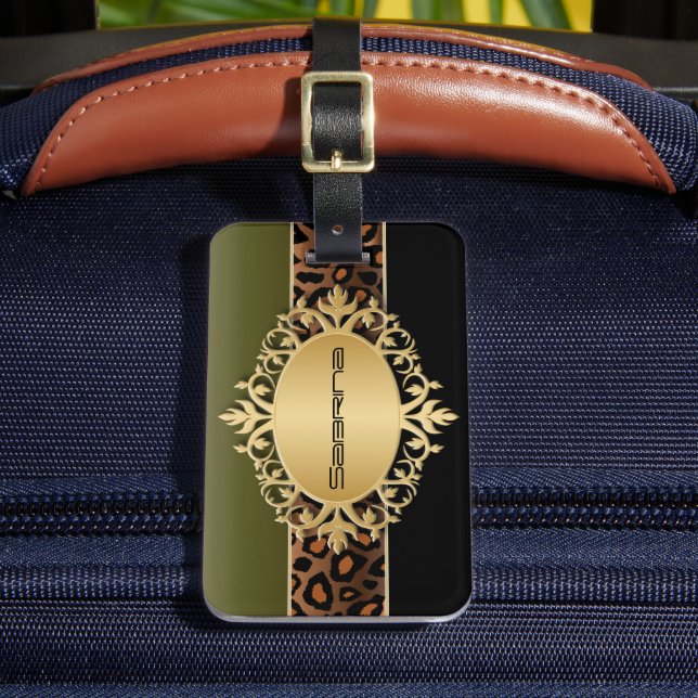 Olivgrün, Schwarz und Leopard Gepäckanhänger (Vorderseite Insitu 2)