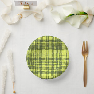 Olivgrün und Limettengelb Kariert Tartan Pappteller