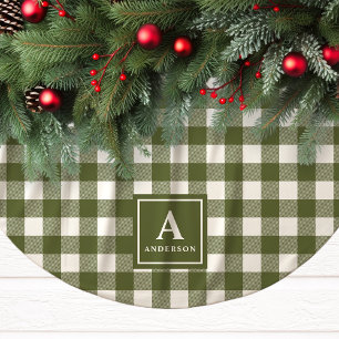 Olivgrün und Weiß Gingham Karo Monogramm Polyester Weihnachtsbaumdecke