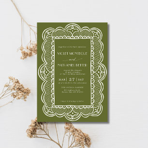 Olivgrün- und Weißspitze Old Money Rustic Hochzeit Einladung