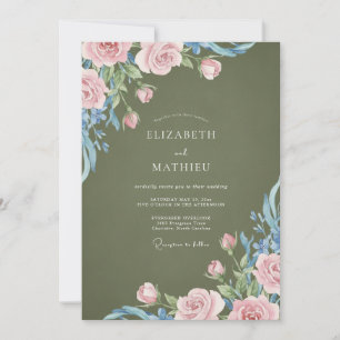 Olivgrüne Aquarell-Blumenhochzeit Einladung