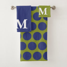 Olivgrüne & blaue Punkte-Monogramm-Initiale Badhandtuch Set