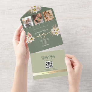 Olivgrüne Boho-Foto-Hochzeit All In One Einladung