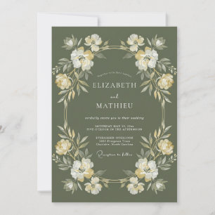 Olivgrüne, elegante botanische Hochzeit Einladung