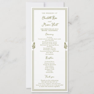 Olivgrüne elegante Hochzeitsprogrammkarte Einladung