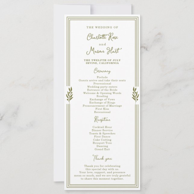 Olivgrüne elegante Hochzeitsprogrammkarte Einladung (Vorderseite)