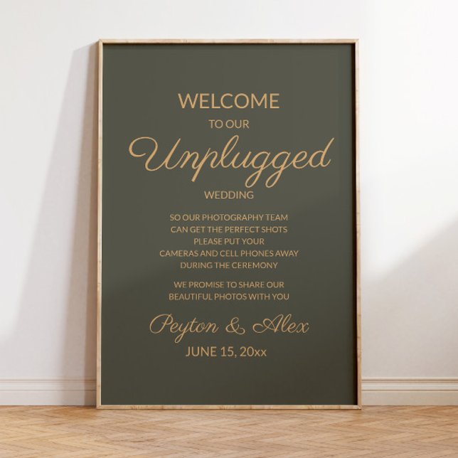 Olivgrüne elegante unplugged Hochzeitstafel Poster (Dark olive/sage green "Unplugged" wedding poster for your fall/autumn/winter wedding)