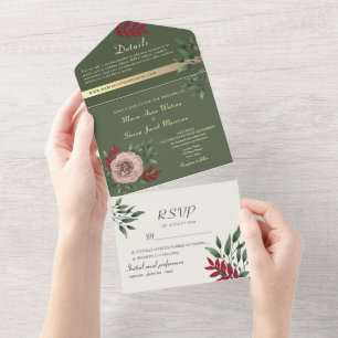 Olivgrüne florale botanische Hochzeit All In One Einladung