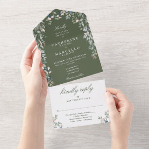 Olivgrüne florale Grünpflanzen-Kaskaden-Hochzeit All In One Einladung