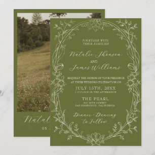 Olivgrüne florale romantische Hochzeit im Stil des Einladung