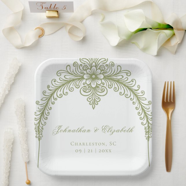 Olivgrüne französische Flourish-Bogen-Hochzeit Pappteller (Hochzeit)
