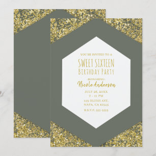 Olivgrüne Gold Glitter Flakes Glam Sweet 16 Einladung