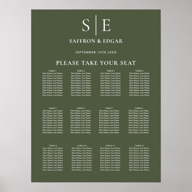 Olivgrüne Hochzeits-Sitzordnung mit Monogramm Poster (Vorne)