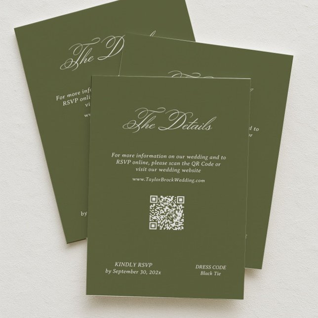 Olivgrüne Hochzeitsdetails Qr Code Begleitkarte (Von Creator hochgeladen)