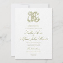 Olivgrüne Hochzeitseinladung mit Monogramm "H"