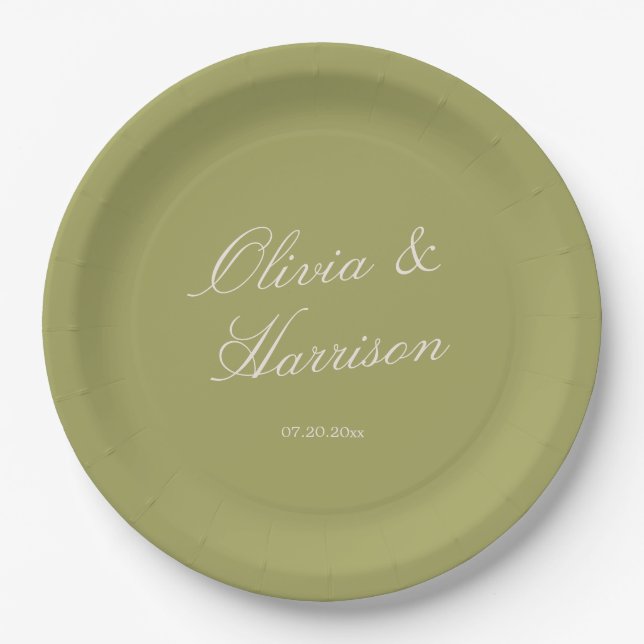 Olivgrüne klassische Hochzeit Pappteller (Vorderseite)