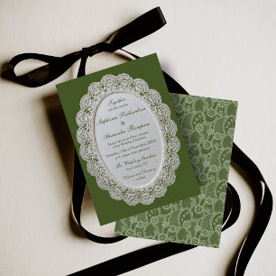 Olivgrüne klassische Vintage-Spitze Hochzeit Einladung