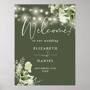 Olivgrüne Lichterkette Blumen Hochzeitsbegrüßung Poster