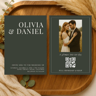 Olivgrüne minimalistische Foto-QR-Code-Hochzeit Einladung