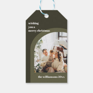 Olivgrüne moderne vertikale Foto-Weihnachtsbögen Geschenkanhänger