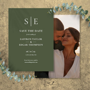 Olivgrüne Monogramm-Foto-Hochzeit Save The Date