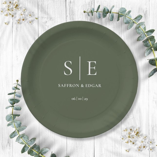 Olivgrüne Monogramm-Hochzeit Pappteller (Olive Green Monogram Wedding Paper Plates)