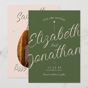 Olivgrüne Retro-Moderne kursive Fotohochzeit Save The Date