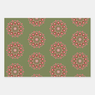 Olivgrüne Rosemaling Geschenkpapier Set