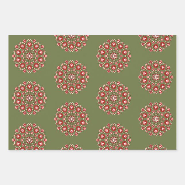 Olivgrüne Rosemaling  Geschenkpapier Set (Vorderseite)
