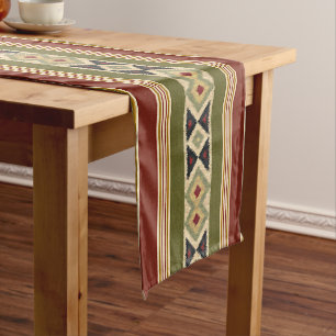 Olivgrüne Senf Ocker Gelbe Stammes-Ikat-Kunst Kurzer Tischläufer