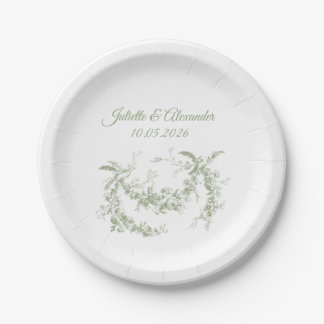 Olivgrüne Toile de Jouy Hochzeitspapierteller Pappteller