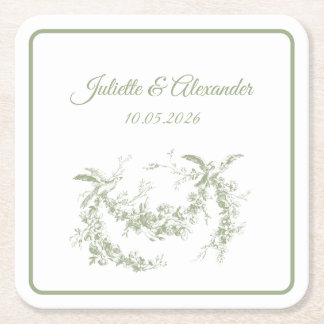 Olivgrüne Toile de Jouy Hochzeitspapieruntersetzer Rechteckiger Pappuntersetzer
