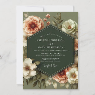 Olivgrüne Vintage-Blütenhochzeit Einladung